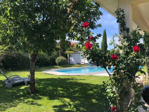 um quintal com piscina e uma árvore com rosas vermelhas em Studio avec Piscine em Saint-Médard-en-Jalles