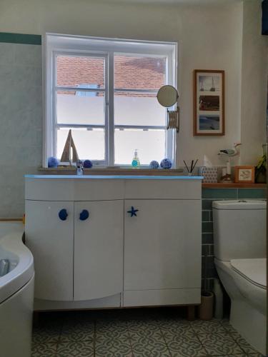 a bathroom with a sink and a toilet and a window at The Poop Deck in Upton upon Severn