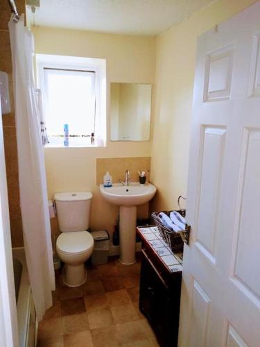 baño con aseo y lavabo y ventana en 2 Bed pet-free cottage, private garden & fell view, en Arlecdon