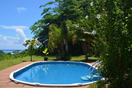a small swimming pool in a yard with trees at Villa MERAHI ... La villa d'Ange Fare Noa Mymy in Uturoa