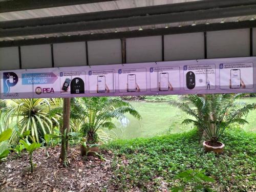 a purple train on a track with palm trees at Muaan Resort in Suphan Buri