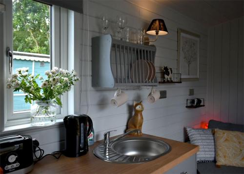 a kitchen counter with a sink and a window at Riverview Lodges And Glamping in Welshpool