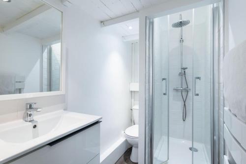 een witte badkamer met een douche en een toilet bij Le 14 Sathonay in Lyon