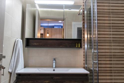 uma casa de banho com um lavatório, um chuveiro e um espelho. em Piraeus Port Exclusive em Pireu