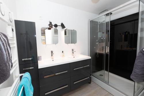 a bathroom with a sink and a glass shower at la petite maison du Portrieux in Saint-Quay-Portrieux