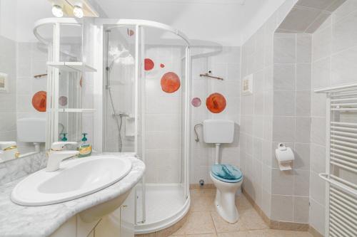 a bathroom with a shower and a sink and a toilet at Schloss Berg Klösterle in Zedlitzdorf