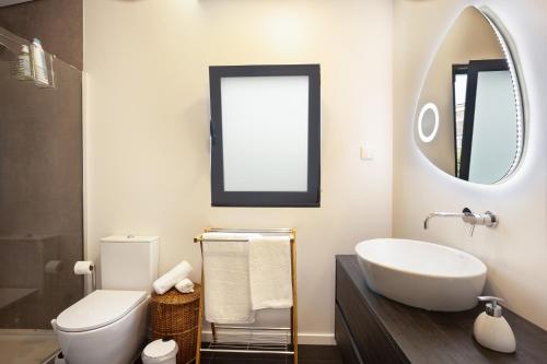 a bathroom with a sink and a toilet and a mirror at Referta Apartamento T1 in Prazeres