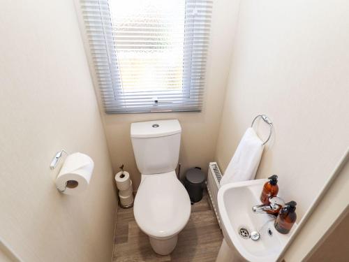 La petite salle de bains est pourvue de toilettes et d'un lavabo. dans l'établissement 3 Bed New Lodge - 7 Lakes Country Park DN17, à Scunthorpe