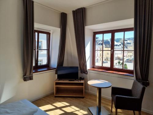 a room with a bed and a tv and two windows at Pension Rio in Schneeberg