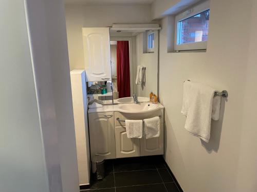 uma casa de banho com um lavatório e um espelho em Hotel Osterkrug em Husum