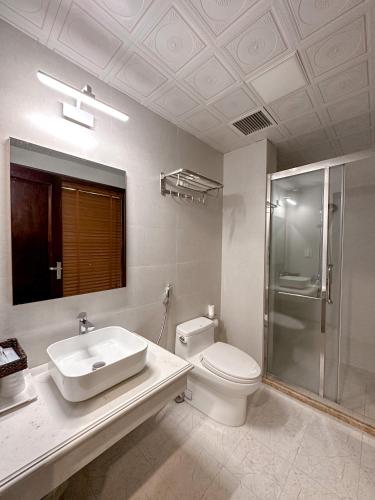 a bathroom with a toilet and a sink and a shower at Linh Trang Hạ Long Hotel in Ha Long