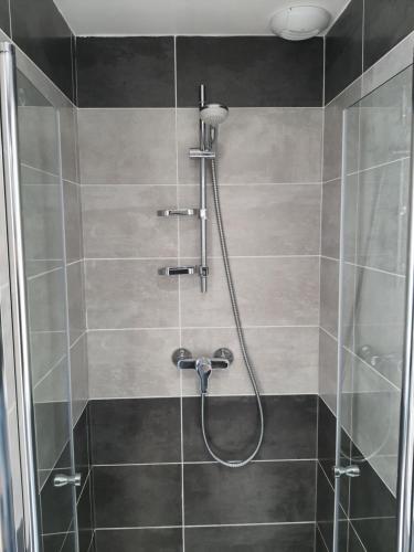 een badkamer met een douche en een glazen deur bij Appartement Pérols Centre in Pérols