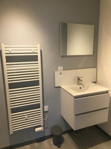 a bathroom with a white sink and a mirror at Les embruns in Saint-Jean-de-Monts