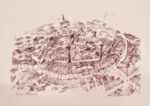 a drawing of a city with houses on a hill at Duplex Atelier / coeur de Lourmarin in Lourmarin