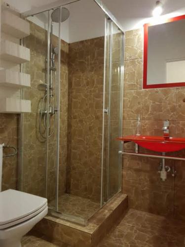 a bathroom with a shower with a toilet and a sink at Young Downtown Apartment in Arad