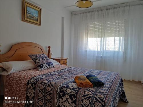 a bedroom with a bed with a dog laying on it at Boa Vista Playa As Sinas en Vilanova de Arousa in Villanueva de Arosa