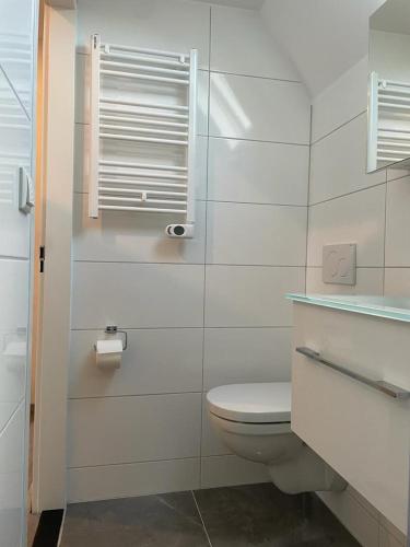 a white bathroom with a toilet and a window at Das Herzchen von Ellenz in Ellenz-Poltersdorf