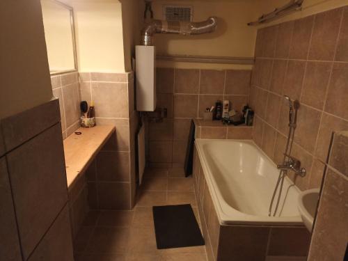 a bathroom with a tub and a sink at Štolcova room in Komárov