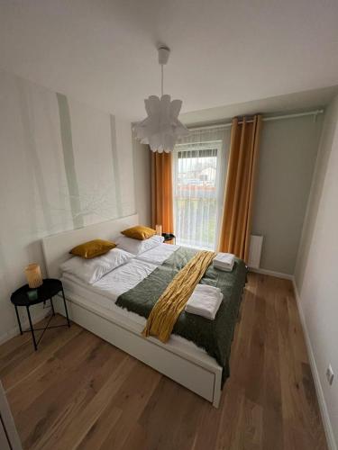 1 dormitorio con cama y ventana en Apartamenty Akademicka przy Onkologii 2, en Bydgoszcz