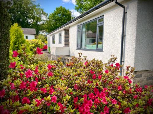 a garden with pink flowers in front of a house at 3-bedroom bungalow, central Ambleside with parking in Ambleside