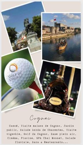 a collage of pictures of a golf ball and a bottle of wine at Gîte La Rive Gauche in Saint-Même-les-Carrières