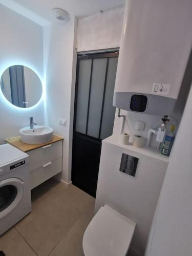 une salle de bain avec un lavabo et une machine à laver dans l'établissement FORUM JULII - Centre historique - Suite tout confort - Wifi, à Fréjus