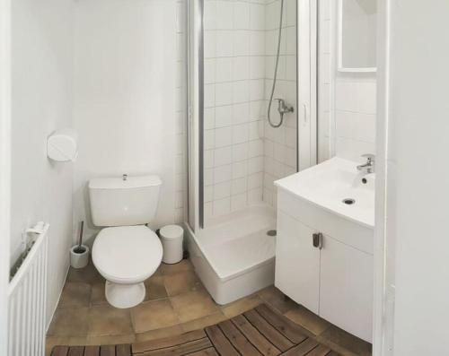 une salle de bain avec toilettes, douche et lavabo dans l'établissement Les cloches de la Haye, à La Haye-Pesnel