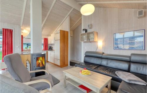 a living room with a leather couch and a fireplace at Strandpark 16 in Schönhagen