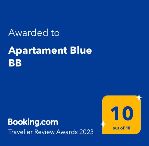 Certifikat, nagrada, logo ili neki drugi dokument izložen u objektu Apartament Blue BB