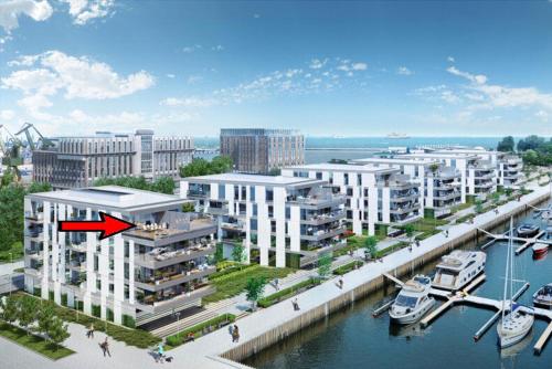 a rendering of a city with a red arrow at Apartament Faltom LUX z tarasem Yacht Park in Gdynia