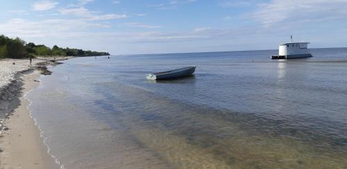 a boat sitting on the shore of a beach at Лора in Lapmežciems