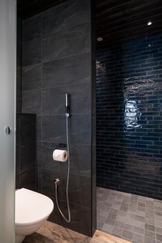 a bathroom with a shower with a toilet paper dispenser at Ski-Inn Kultakero in Pyhätunturi