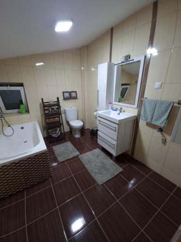 a bathroom with a tub and a sink and a toilet at Villa Diana Apartments in Skopje