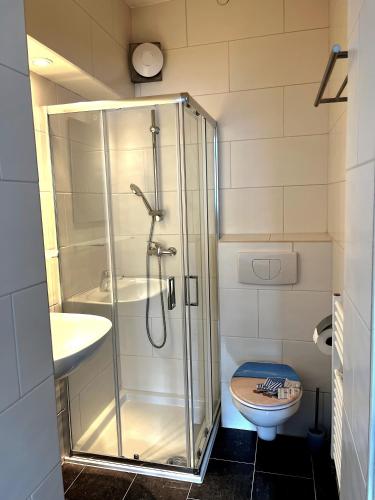 a bathroom with a shower and a toilet at Modern-Vintage Apartment in Osterholz-Scharmbeck