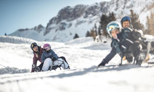 a group of people in the snow on a sleigh at Schenna Resort in Schenna