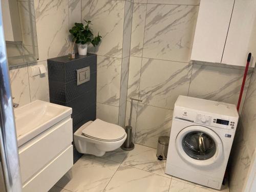 a bathroom with a washing machine and a toilet at Apartament 2B-4 Żarnowska in Żarnowska