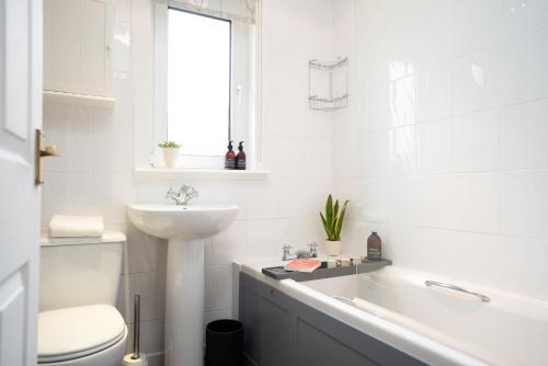 a white bathroom with a sink and a toilet at Rose Cottage - Seasgair Lodges in Carrbridge