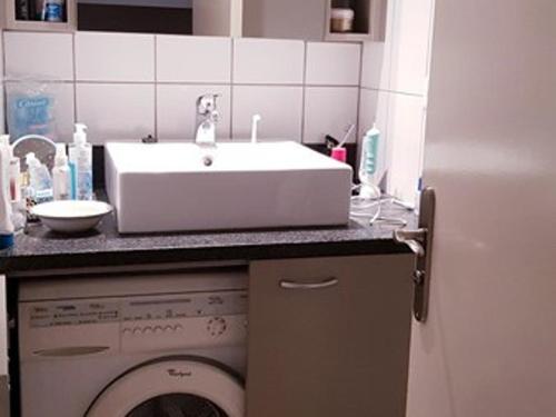 une salle de bain avec un lavabo et une machine à laver dans l'établissement Studio cabine climatisé avec terrasse, parking, animaux admis - FR-1-100-184, à Cavalaire-sur-Mer