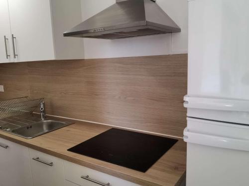 une cuisine avec un évier et une cuisinière dans l'établissement Appartement 2 pièces avec mezzanine et toit terrasse, Marseillan-Plage, 6 couchages - FR-1-326-720, à Marseillan