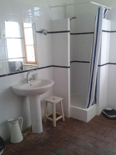 une salle de bain blanche avec un lavabo et une douche dans l'établissement Gîte en pleine nature calme & tranquillité assurée, à Dracy-sur-Ouanne