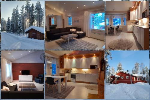 a collage of photos of a living room and a kitchen at Villa Wältti in Rovaniemi