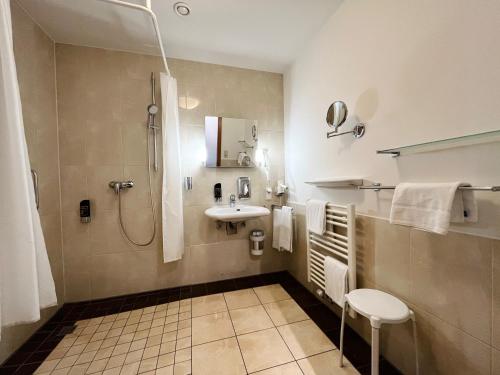 a bathroom with a shower and a sink at Aparthotel Altes Dresden in Dresden