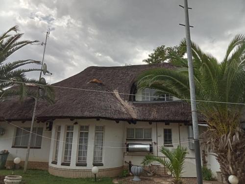 a house with a thatched roof and a palm tree at Thatch Haven Guesthouse in Mahikeng