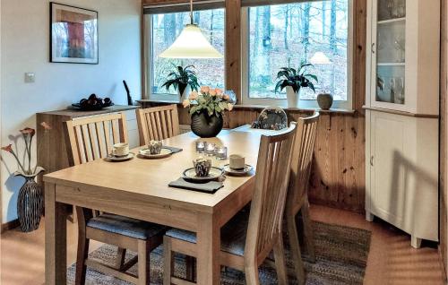 a dining room with a wooden table and chairs at 3 Bedroom Lovely Home In Åsljunga in Åsljunga
