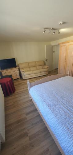 a living room with a bed and a couch at La Vieille Ferme Chassepierre in Chassepierre