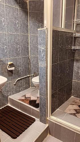 uma casa de banho com um chuveiro, um lavatório e um WC. em Welcome Hom in the heart of RABAT em Rabat