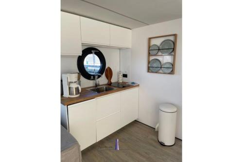 巴特Hausboot Fjord HAVEN mit Biosauna in Barth的带水槽和镜子的小厨房