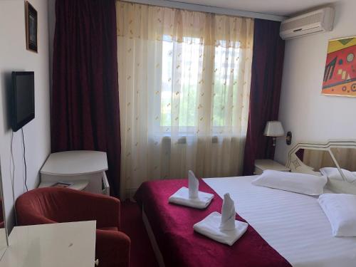 um quarto de hotel com uma cama e uma janela em Hotel Parc em Alexandria