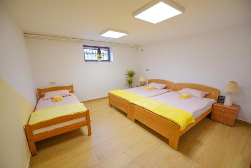 um quarto com 2 camas e uma janela em Holiday Home Toplica Natura with natural thermal Bath em Cerklje ob Krki