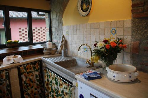 a kitchen with a sink and a counter with a pot at Mulino Di Rimaggio in Cavriglia